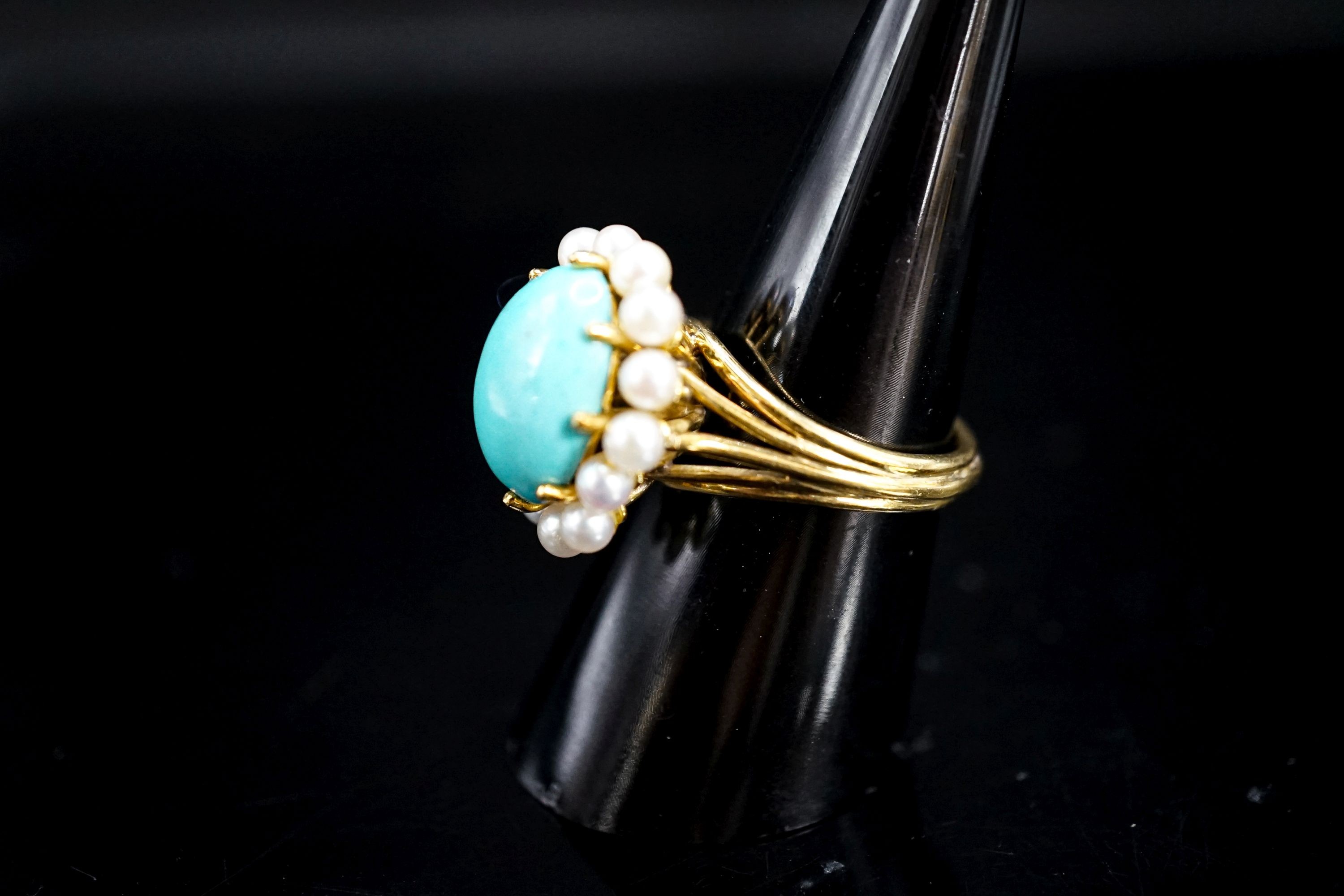 An 18ct, turquoise and cultured pearl set cluster ring, size N, gross 9 grams.